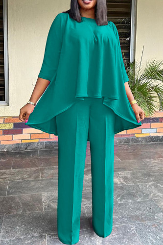 Green Casual Solid Patchwork O Neck Three Quarter Two Pieces T-shirt Tops And Pants Sets