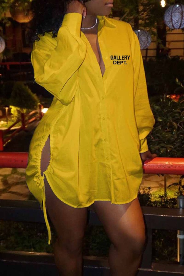 Robe chemise jaune sexy avec lettres imprimées et col rabattu