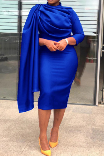 Blue Elegant Solid Patchwork Fold O Neck Pencil Skirt Dresses