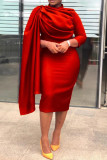 Robes jupe crayon rouge élégantes en patchwork uni pliable à col rond