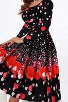 Zwart Rood Elegante print Patchwork O-hals A-lijn Grote maten jurken
