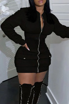 黒のセクシーな固体パッチワーク ボタン ジッパー ジッパー襟ラップ スカート ドレス
