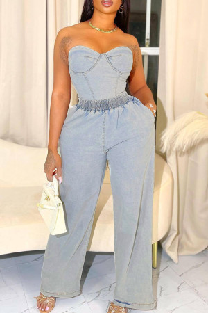 Light Blue Casual Solid Patchwork Strapless Sleeveless Two Pieces