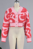 Ropa de abrigo casual con cuello en V y botones de patchwork rojo