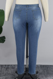 Medium Blue Casual Solid Basic Plus Size Jeans