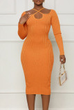 Оранжевые элегантные однотонные ажурные лоскутные платья-футляры с лямкой на бретельках