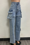 Himmelblaue Street Solid Patchwork-Jeans mit Taschenknöpfen, Reißverschluss, hoher Taille und geradem Denim