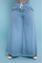 Bleu clair décontracté solide Patchwork cordon de serrage poche taille haute jean en Denim ample