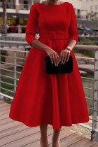 Rote Prominente, einfarbiges Patchwork-Kleid mit Gürtel, O-Ausschnitt, A-Linie (Gürtel im Lieferumfang enthalten)
