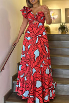 Красное элегантное платье в стиле пэчворк с принтом на тонких бретельках Платья