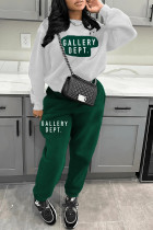 White Green Casual Print Patchwork O Neck Long Sleeve Two Pieces