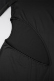 Robe longue noire sexy et décontractée, couleur unie, fente ajourée, col roulé