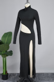 Black Sexy Casual Solid Hollowed Out Slit Turtleneck Long Dress Dresses