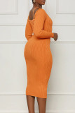 Оранжевые элегантные однотонные ажурные лоскутные платья-футляры с лямкой на бретельках
