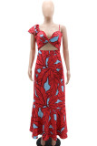 Robes de robe imprimées à bretelles spaghetti en patchwork imprimé élégant rouge