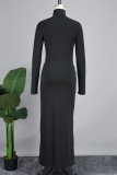 Black Sexy Casual Solid Hollowed Out Slit Turtleneck Long Dress Dresses