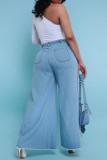 Hellblaue, lässige, solide Patchwork-Jeans mit Kordelzug, hoher Taille und lockerer Denim-Jeans