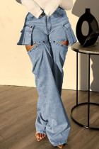 Sky Blue Street Solid Pocket Buttons Zipper Straight Baggy Jeans Y2K High Waisted Cutout Cargo Denim Jeans
