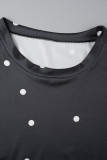 Vestidos casuales de manga larga con cuello en O y pliegues con retazos y estampado de puntos negros