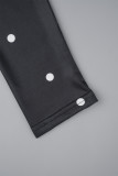 Vestidos pretos casuais com estampa de bolinhas patchwork dobrável com decote em O e manga comprida
