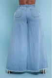 Azul claro casual sólido retalhos cordão bolso cintura alta jeans solto