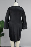 Vestido largo con cuello en O y abertura con estampado informal negro Vestidos de talla grande