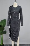Zwarte casual stippenprint patchwork vouw-o-hals jurken met lange mouwen