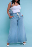 Light Blue Casual Solid Patchwork Draw String Pocket High Waist Loose Wide Leg Denim Jeans