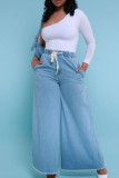 Azul claro casual sólido retalhos cordão bolso cintura alta jeans solto