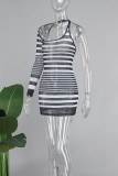 Black Sexy Striped Print Backless Oblique Collar Irregular Dress Dresses