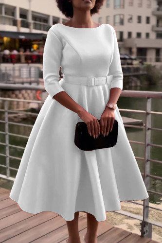 White Celebrities Solid Patchwork With Belt O Neck A Line Dresses（Belt Included）