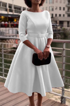 Weiße Prominente, einfarbiges Patchwork mit Gürtel, A-Linien-Kleid mit O-Ausschnitt (Gürtel im Lieferumfang enthalten)