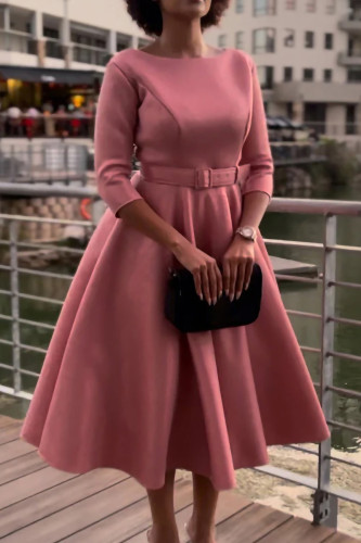 Pink Celebrities Solid Patchwork With Belt O Neck A Line Dresses（Belt Included）
