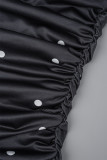 Vestidos casuales de manga larga con cuello en O y pliegues con retazos y estampado de puntos negros