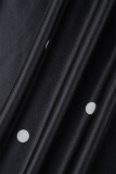 ブラック カジュアル ドット プリント パッチワーク フォールド O ネック ロング スリーブ ドレス