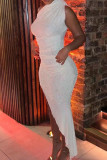 Vestidos de saia enrolados de um ombro com retalhos sólidos sexy brancos