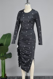Zwarte casual stippenprint patchwork vouw-o-hals jurken met lange mouwen