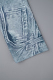 Blau Casual Print Basic O-Ausschnitt Langarm-Kleider