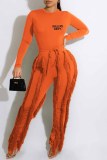 Tangerine Red Street Print Tassel Letter O Neck Long Sleeve Two Pieces