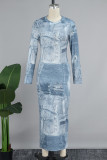 Vestidos de manga comprida com estampa casual azul básica