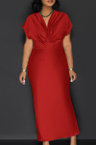 Red Sexy Solid Patchwork High Opening V Neck Long Dress Dresses