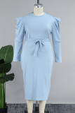 Sky Blue Casual Solid Patchwork O Neck Long Sleeve Plus Size Dresses