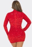 Rode sexy dagelijkse feest elegante formele pailletten patchwork mesh halve coltrui-jurken