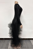 Элегантное вечернее вечернее платье в стиле пэчворк с блестками и блестками, сетчатое вечернее платье на одно плечо, вечерние платья черного цвета