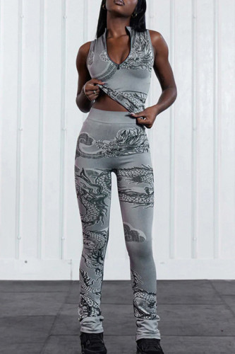 Grey Casual Print Patchwork Zipper Zipper Collar Sleeveless Two Pieces