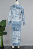 Vestidos de manga comprida com estampa casual azul básica