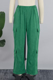 Calça verde casual sólida básica regular cintura alta convencional de cor sólida
