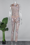 Khaki Sexy Casual Stripe Print See-through O Neck Sleeveless Two Pieces Tank Tops And Pants Sets