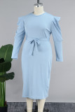 Sky Blue Casual Solid Patchwork O Neck Long Sleeve Plus Size Dresses