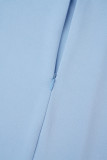 Небесно-голубые повседневные однотонные лоскутные платья с круглым вырезом и длинными рукавами больших размеров